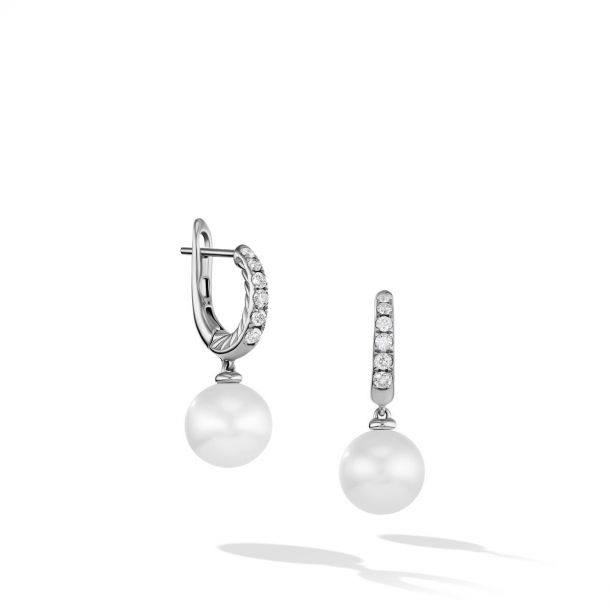 David Yurman Pearl and Pave Drop Earrings in Sterling Silver with Diamonds REEDS Jewelers
