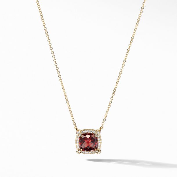 David Yurman Petite Chatelaine Pave Bezel Pendant Necklace in 18k Yellow Gold with Garnet REEDS Jewelers