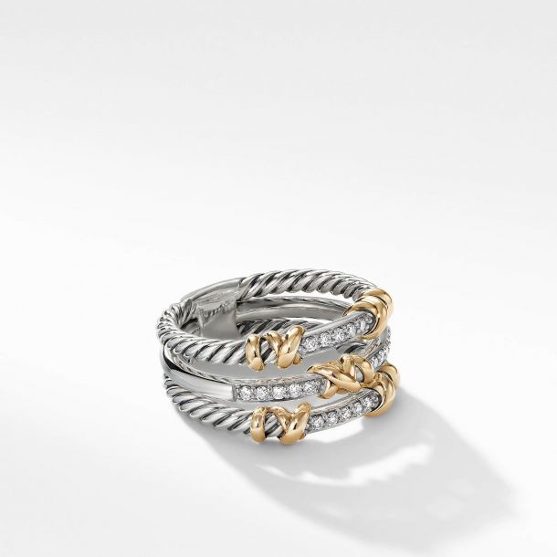 David Yurman Petite Helena Three Row Ring with 18k Yellow Gold and Diamonds