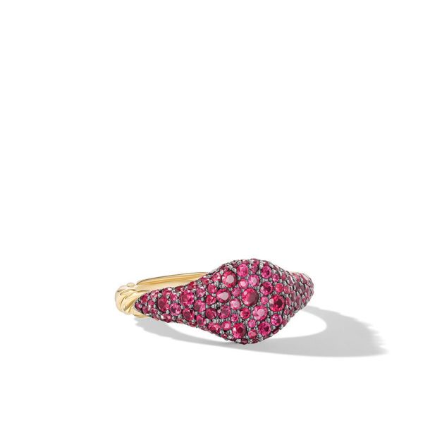 David Yurman Petite Pave Pinky Ring in 18K Yellow Gold with Red Rubies 7mm REEDS Jewelers