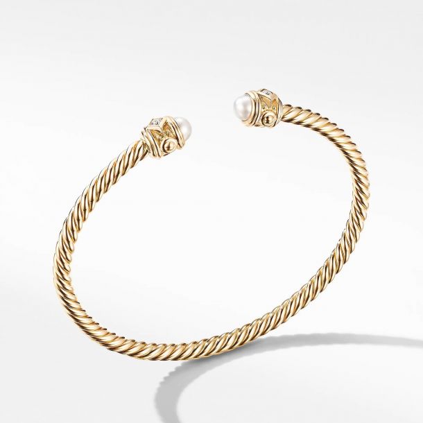 David Yurman 4mm Cable Classic Bracelet with Pearl and 18K Yellow Gold