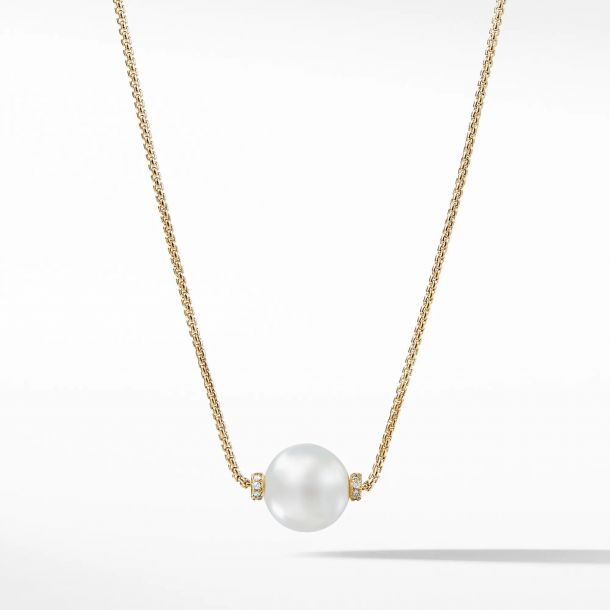David Yurman Solari Single Station Necklace in 18k Gold with Diamonds and South Sea White Pearl REEDS Jewelers