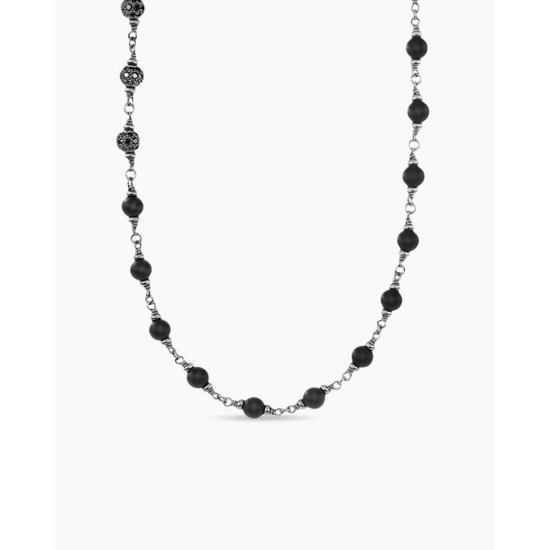 David Yurman Spiritual Beads Rosary Necklace in Sterling Silver with Black Onyx and Pave Black Diamonds 22 Inches
