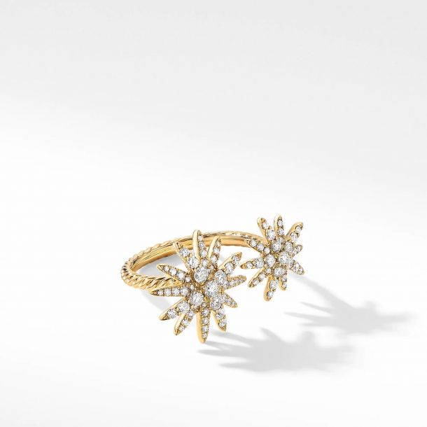 David Yurman Starburst Bypass Ring in 18k Yellow Gold with Pave Diamonds Size 7