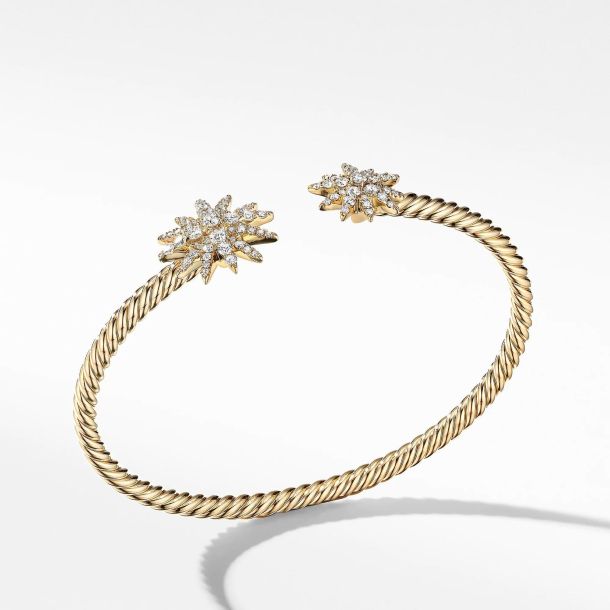 David Yurman Starburst Open Cable Bracelet in 18k Yellow Gold with Pave Diamonds Medium REEDS Jewelers