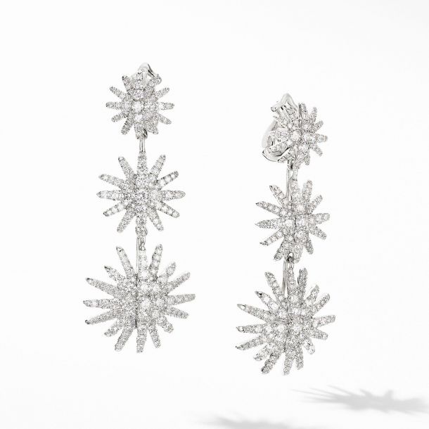 David Yurman Starburst Triple Drop Earrings in 18k White Gold with Pav Diamonds