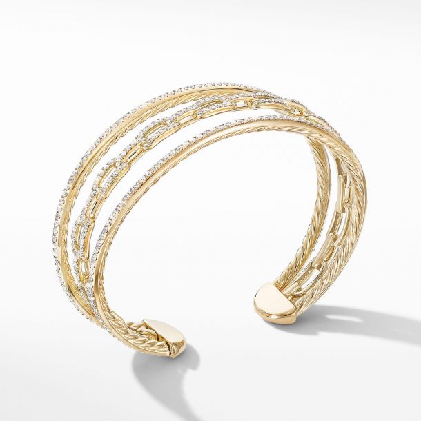 David Yurman Stax Three Row Chain Link Bracelet in 18k Yellow Gold with Diamonds 10mm Medium REEDS Jewelers