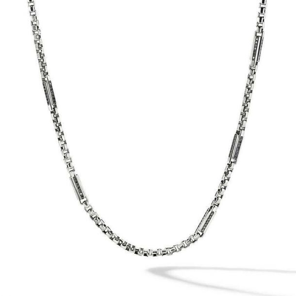 David Yurman Streamline Station Box Chain Necklace with Pave Black Diamonds 24 Inches REEDS Jewelers