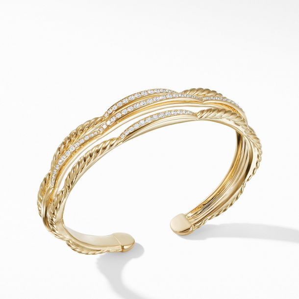 David Yurman Tides Three Row Cuff Bracelet in 18k Yellow Gold with Diamonds REEDS Jewelers