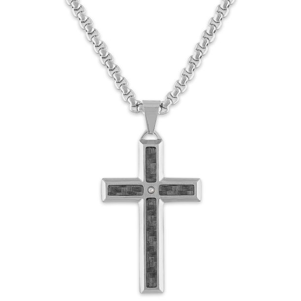 Diamond Accent Stainless Steel and Grey Carbon Fiber Cross Pendant Necklace Men s
