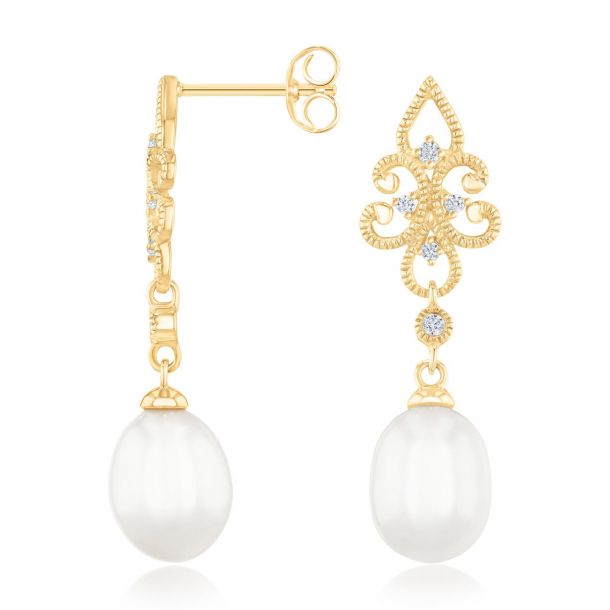 Downton Abbey Lady Edith Freshwater Cultured Pearl and Diamond Accent Yellow Gold Drop Earrings REEDS Jewelers