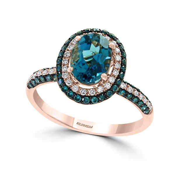 Effy Oval London Blue Topaz and 1 2ctw Diamond Double Halo Rose Gold Ring