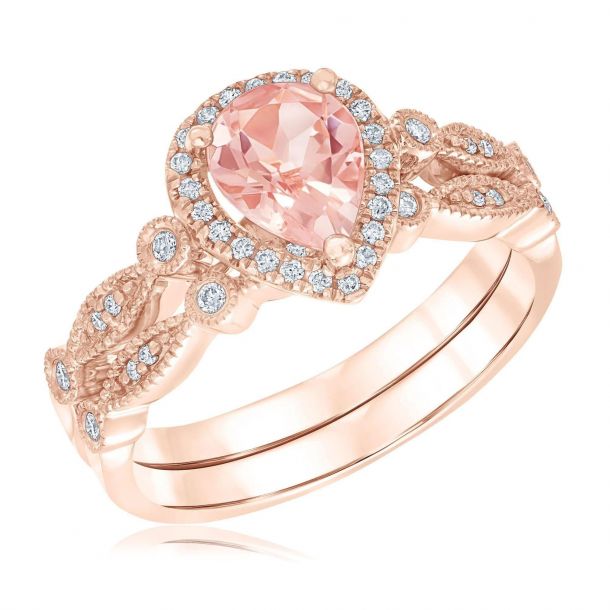 Teardrop Pink Morganite Bridal Ring Set Pear Pink Gemstone