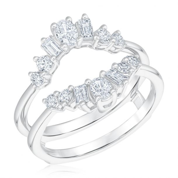 Three Stone Diamond Ring w/ Baguette Accents 14K White Gold