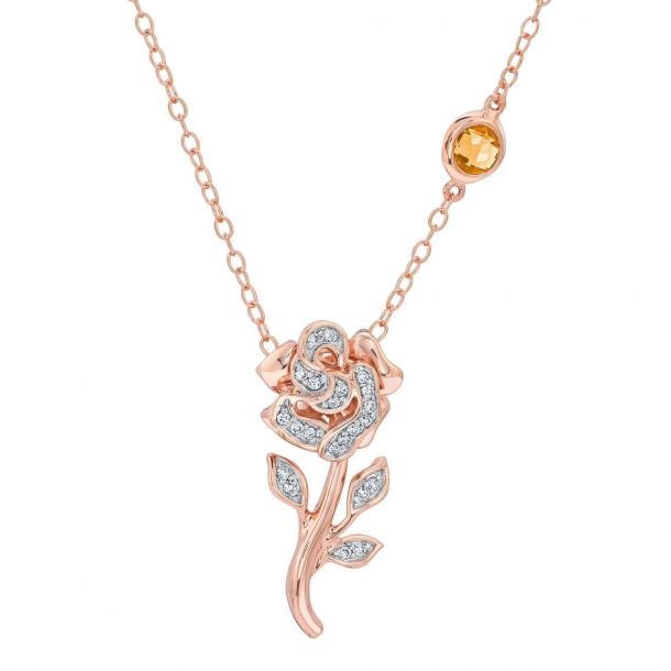 Disney Belle Inspired Rose with Heart Pendant Necklace