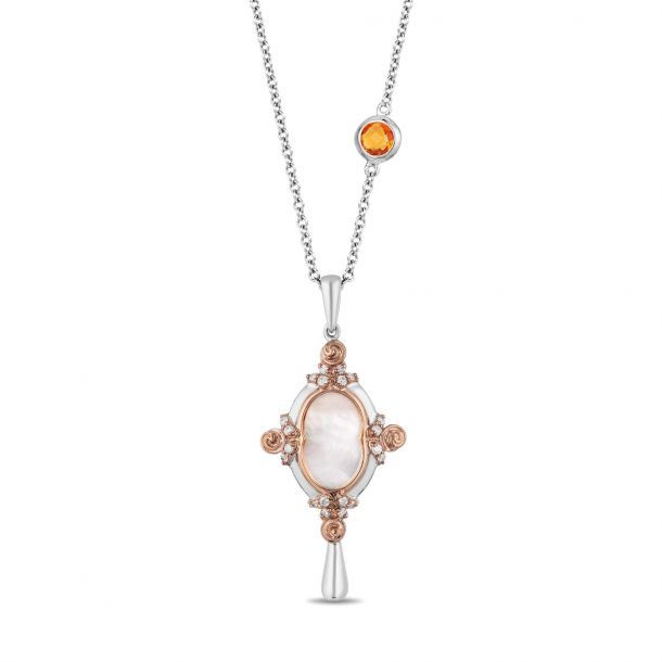 Enchanted Disney Vault Belle Mother of Pearl and Diamond Mirror Pendant Necklace 1 10ctw