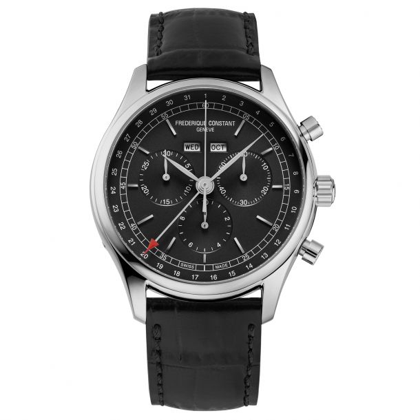 Frederique Constant Classic Quartz Chronograph Triple Calendar Dark Grey Dial and Black Leather Strap Watch 40mm FC 296DG5B6 REEDS Jewelers