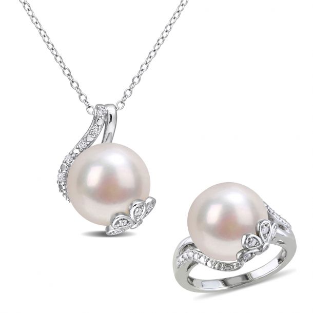 Fresh Water Cultured Pearl and 1 6ctw Diamond Sterling Silver Ring and Pendant Necklace Set