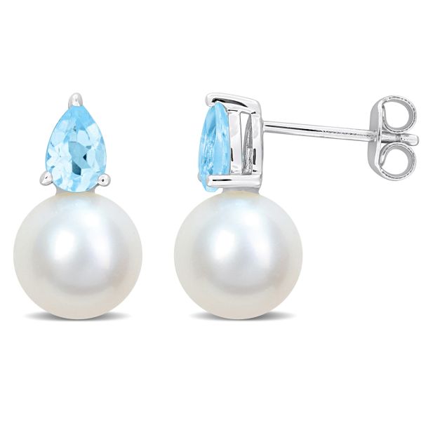 Freshwater Cultured Pearl and Blue Topaz Sterling Silver Stud Earrings |  REEDS Jewelers