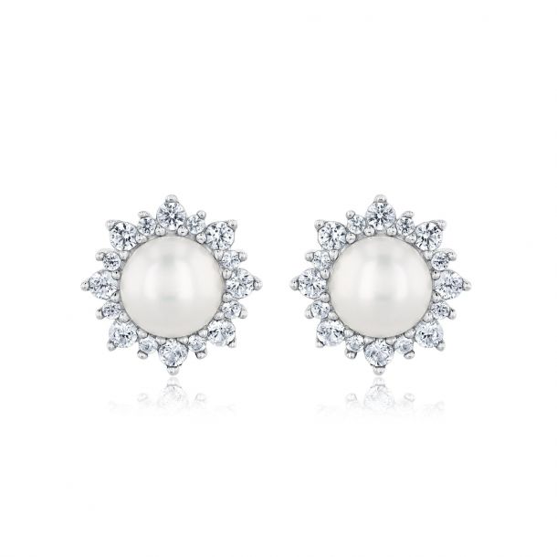 Freshwater Cultured Pearl and Created White Sapphire Stud Earrings