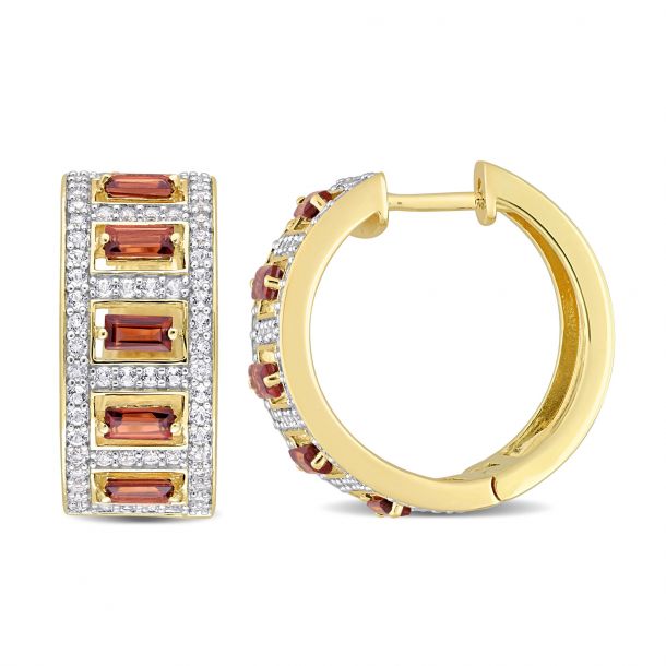 Garnet and White Topaz Yellow Gold-Tone Sterling Silver Huggie Hoop Earrings  | REEDS Jewelers