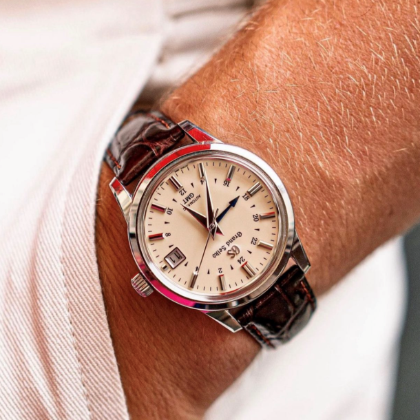 Grand Seiko Elegance Watch GMT Automatic Ivory Dial Brown Leather Strap SBGM221 39.5mm REEDS Jewelers