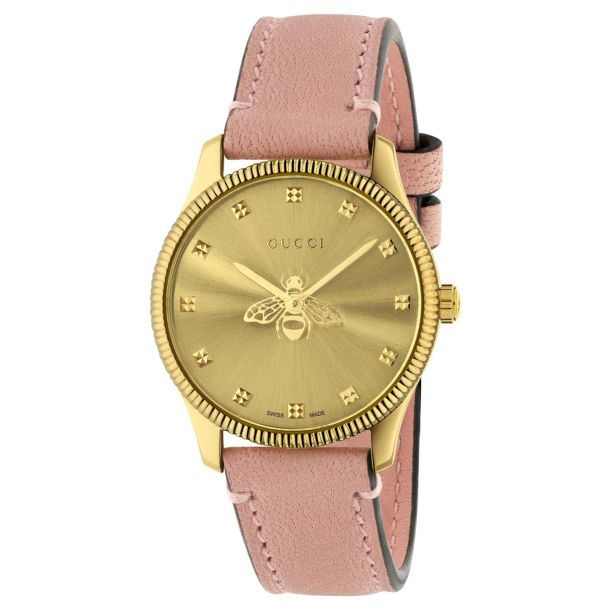 Gucci G Timeless Bee Gold Tone Dial Light Pink Leather Strap Watch