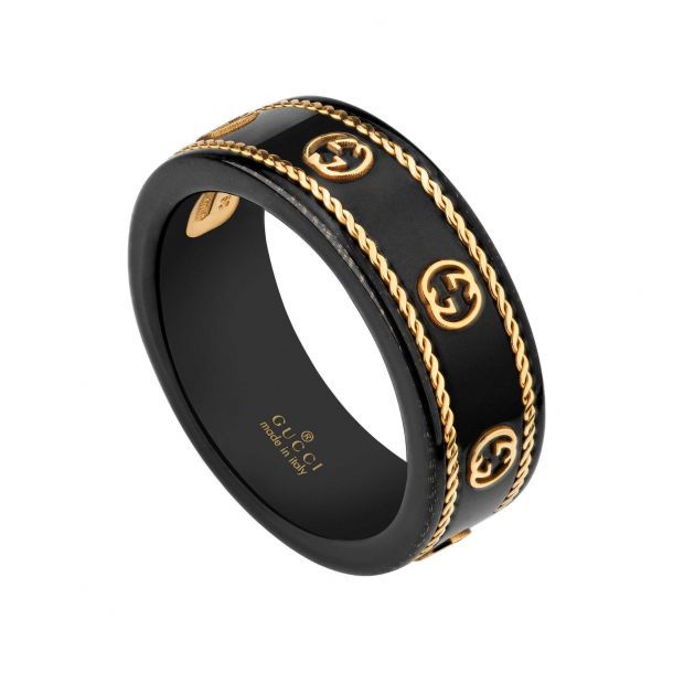 Gucci Icon Interlocking G Black Synthetic Corundum and Yellow Gold Band REEDS Jewelers