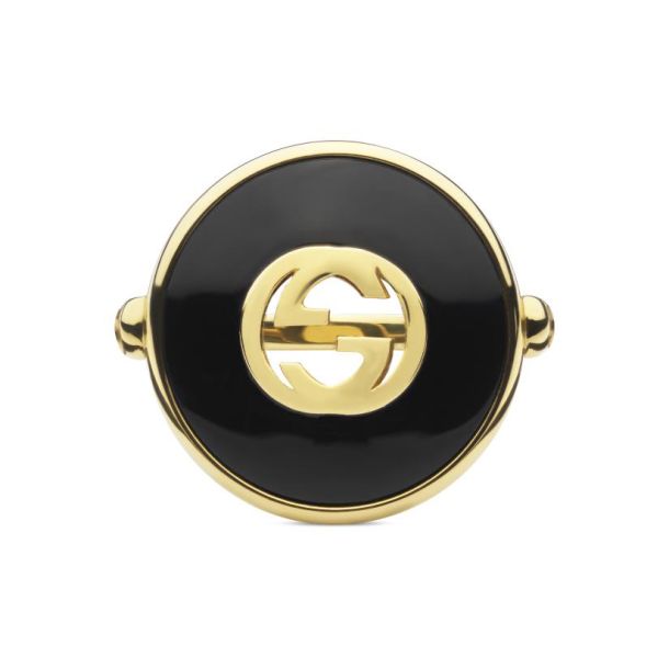 Gucci Interlocking Large Black Onyx Yellow Gold Ring Size 8 REEDS Jewelers