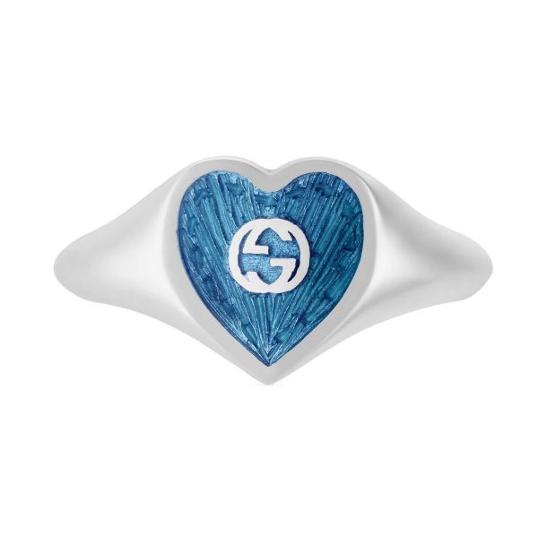 Gucci Interlocking G Light Blue Enamel Heart Ring | REEDS