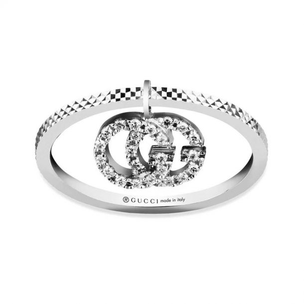 Gucci White Gold GG Running Diamond Charm Ring Size 6.75