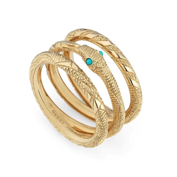 Gucci Yellow Gold Turquoise Ouroboros Three-Band Snake Ring | REEDS Jewelers