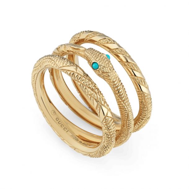 Gucci Yellow Gold Turquoise Ouroboros Three Band Snake Ring Size 7.25