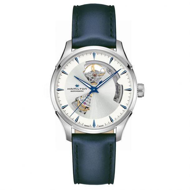 Hamilton Jazzmaster Open Heart Auto Silver Dial Blue Leather Strap Watch 40mm H32675650 REEDS Jewelers