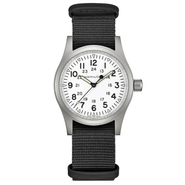 Hamilton Khaki Field Mechanical White Dial Black NATO Strap Watch 38mm H69439910 REEDS Jewelers