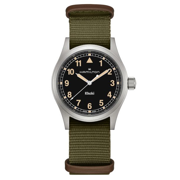 Hamilton Khaki Field Quartz Black Dial Green NATO Strap Watch 38mm H69401930 REEDS Jewelers