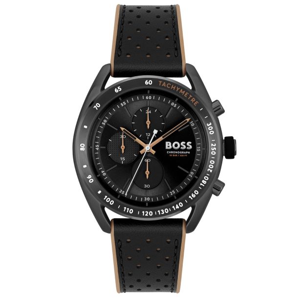 Hugo Boss Center Court Chronograph Black Perforated Leather Strap Watch |  44mm | 1514022 | REEDS Jewelers