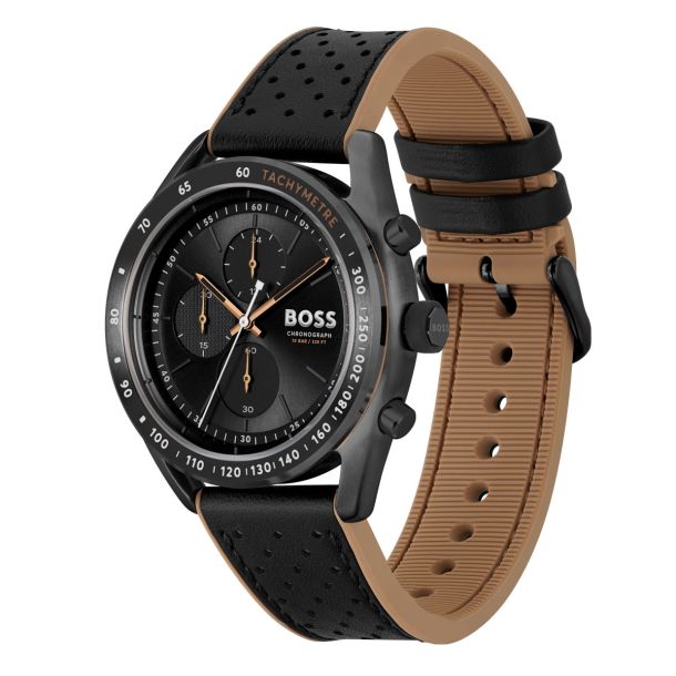 Hugo Boss Center Court Chronograph Black Perforated Leather Strap Watch 44mm 1514022