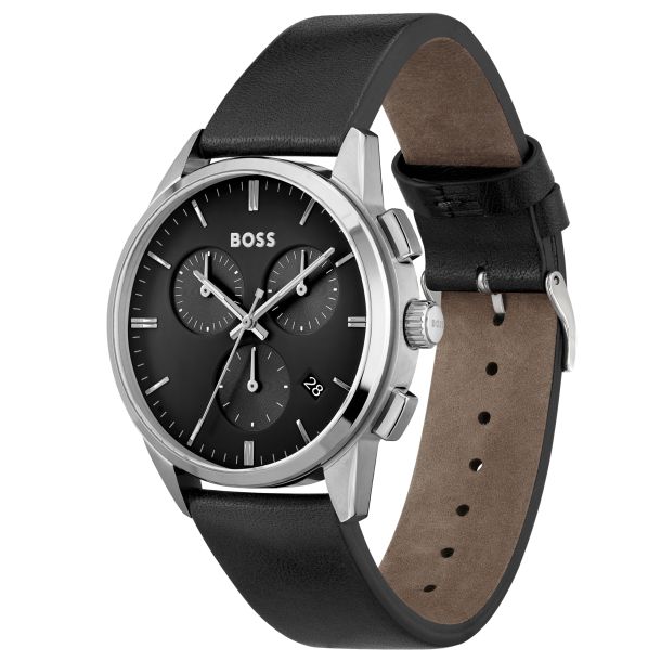 Hugo Boss Dapper Chronograph Black Dial Black Leather Strap Watch