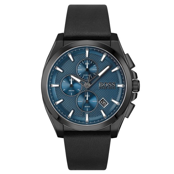 Hugo Boss Grandmaster Chronograph Blue Dial Black Leather Strap Watch ...