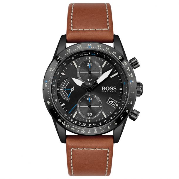 Hugo Boss Pilot Edition Chronograph Black Dial Brown Leather Strap Watch 44mm 1513851