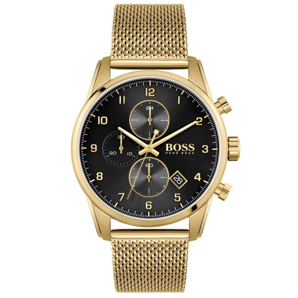 Dial | Jewelers | Hugo Skymaster Black 1513838 REEDS Mesh Bracelet 44mm Gold-Tone | Chronograph Boss Watch