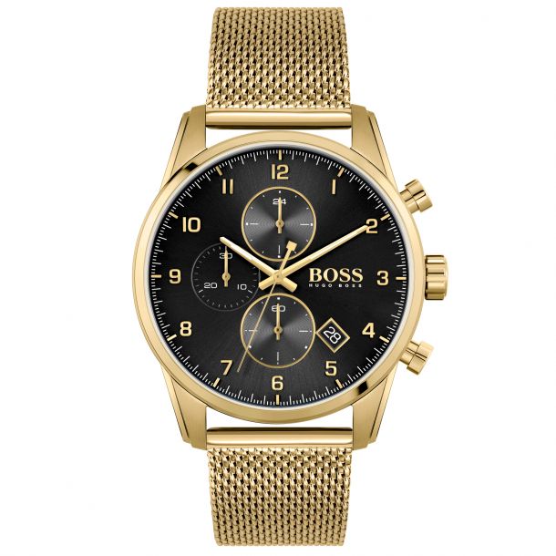 Hugo Boss Skymaster Chronograph Black Dial Gold Tone Mesh Bracelet
