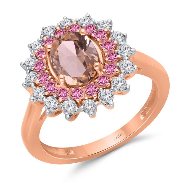 Kallati Morganite Pink Sapphire and 1 2ctw Diamond Halo Rose Gold Ring