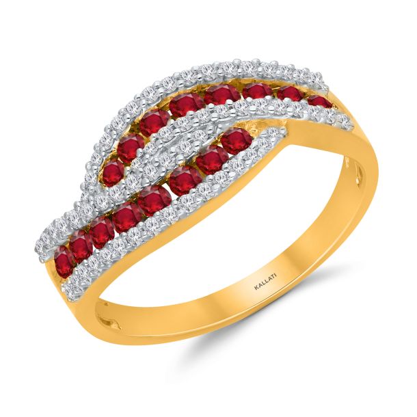 Kallati Ruby and 1 3ctw Diamond Swirl Yellow Gold Ring