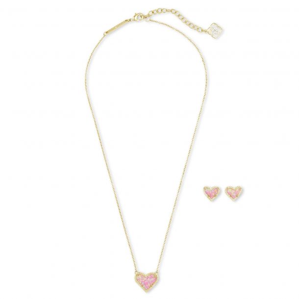 Kendra Scott Ari Heart Necklace and Earrings Gift Set in Light Pink Created Kyocera Opal REEDS Jewelers
