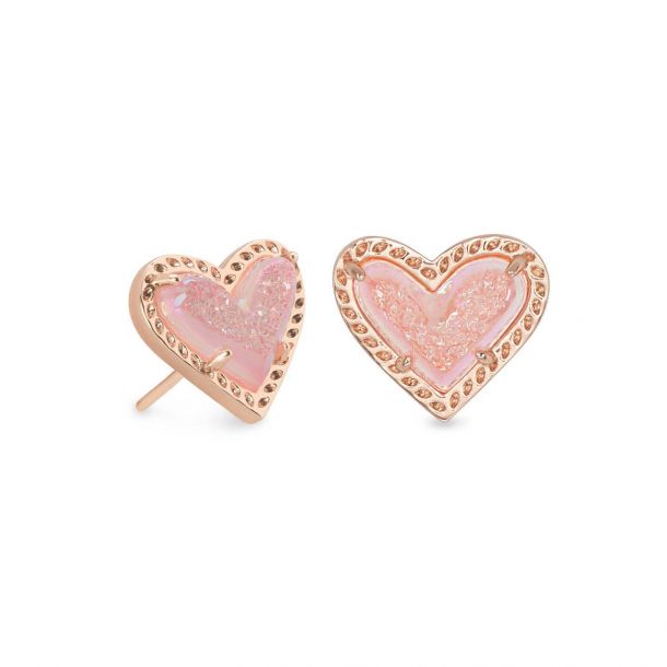 Kendra Scott Ari Heart Stud Earrings in Pink Drusy, Rose Gold-Plated ...