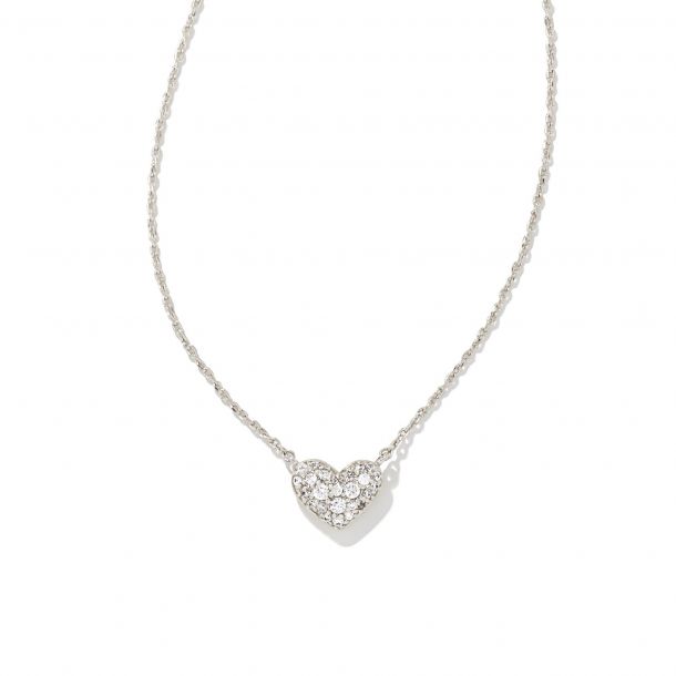 Kendra Scott Ari Pave Crystal Heart Necklace in White Crystal,  Rhodium-Plated