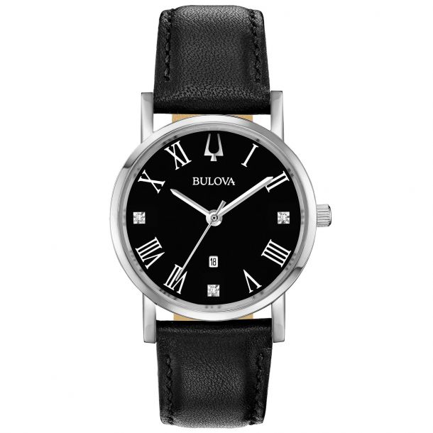 Ladies Bulova Classic American Clipper Black Dial Leather Strap Watch 96P192