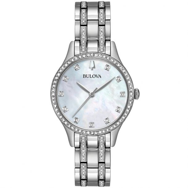Ladies Bulova Crystal Mother of Pearl Dial Stainless Steel Watch and Two Bangle Bracelet Set 32mm 96X145
